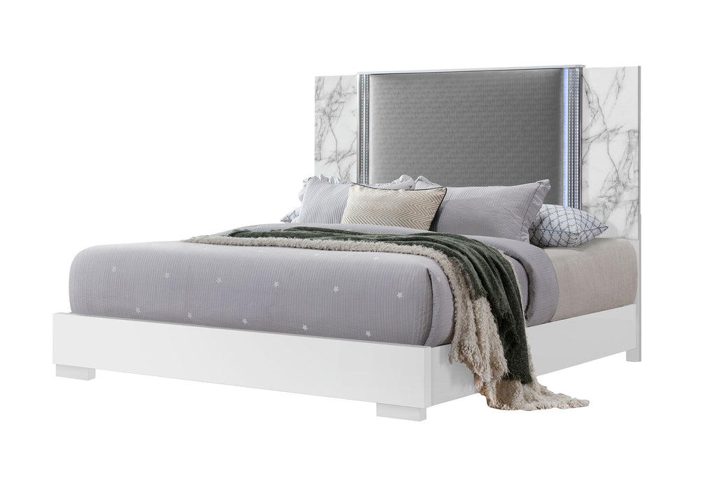 Ylime - King Marble Bed With LED - White