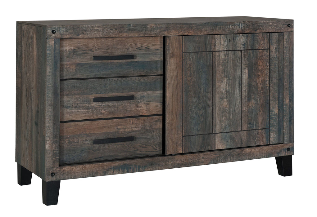 Burt - Queen Headboard With Legs, Dresser With 3 Drawers And Sliding Door, 1 Door Nightstand - Dark Oak