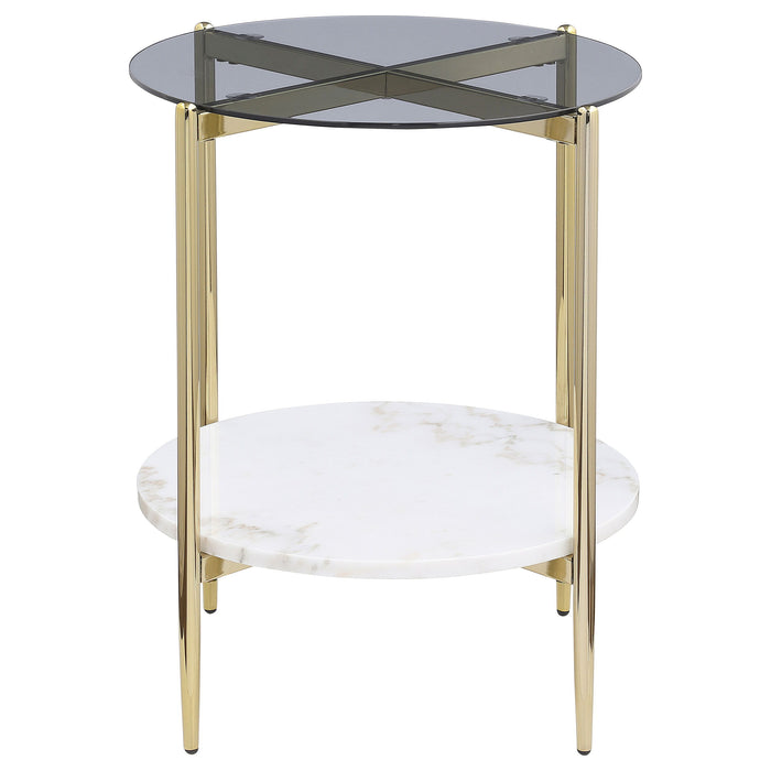 Jonelle - Round Glass Top End Table Marble Shelf - Gold / White