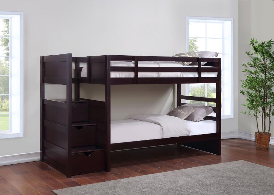 Elliott - Twin Over Twin Stairway Bunk Bed - Cappuccino