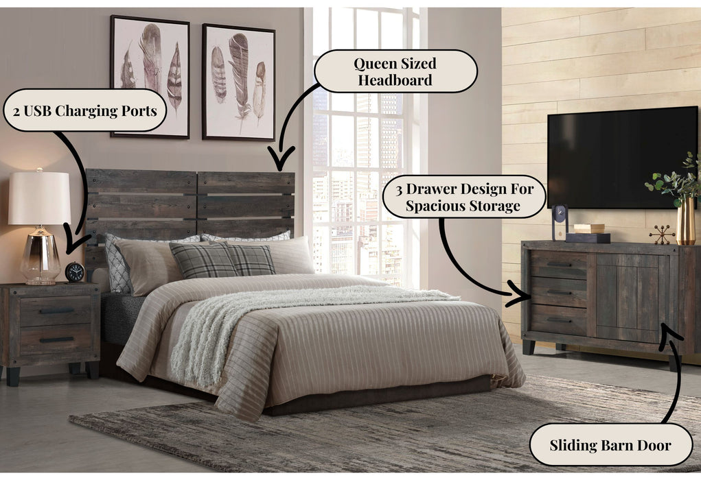 Burt - Queen Headboard With Legs, Dresser With 3 Drawers And Sliding Door, 1 Door Nightstand - Dark Oak