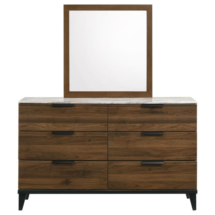 Mays - 6-Drawer Dresser With Mirror With Faux Marble Top - Walnut Brown