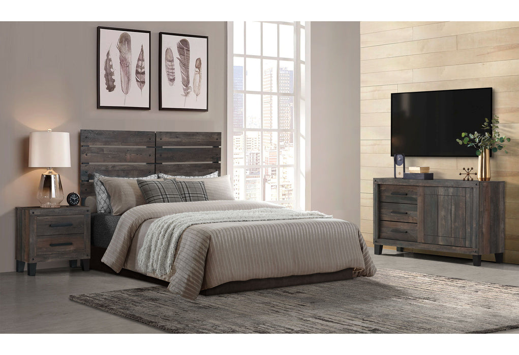 Burt - Queen Headboard With Legs, Dresser With 3 Drawers And Sliding Door, 1 Door Nightstand - Dark Oak