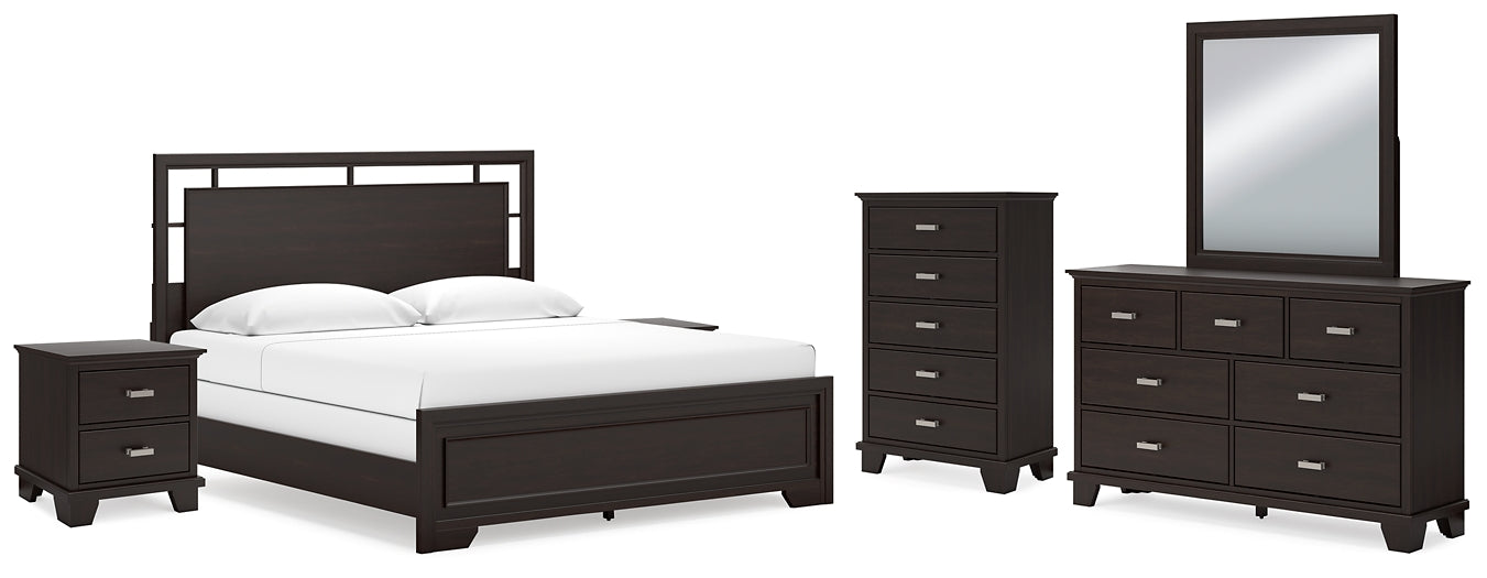 Covetown King Panel Bed with Mirrored Dresser, Chest and 2 Nightstands