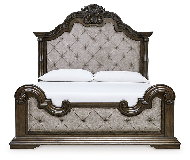 Maylee King Upholstered Bed with Mirrored Dresser, Chest and 2 Nightstands