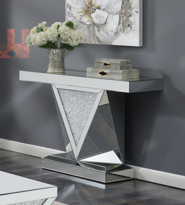 Amore - Rectangular Sofa Table With Triangle Detailing - Silver And Clear Mirror