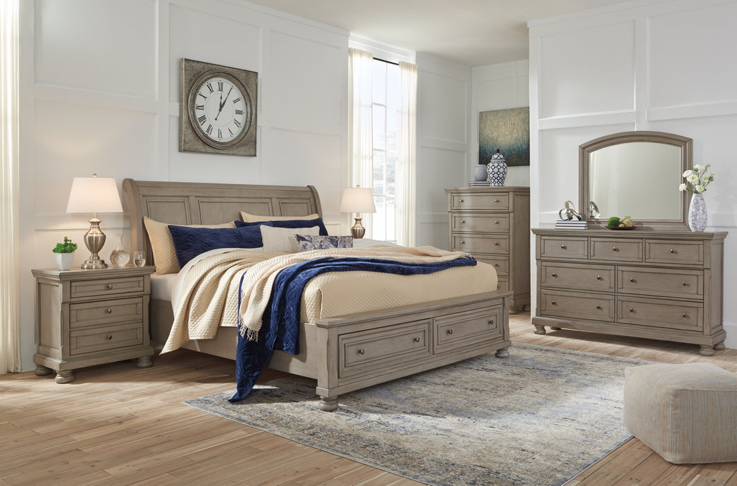 Lettner Queen Sleigh Bed with 2 Storage Drawers with Mirrored Dresser, Chest and Nightstand